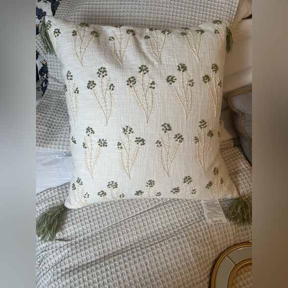 Embroidered Cotton Throw Pillow with Green Tassels 20X19 inches - Picture 3 of 5